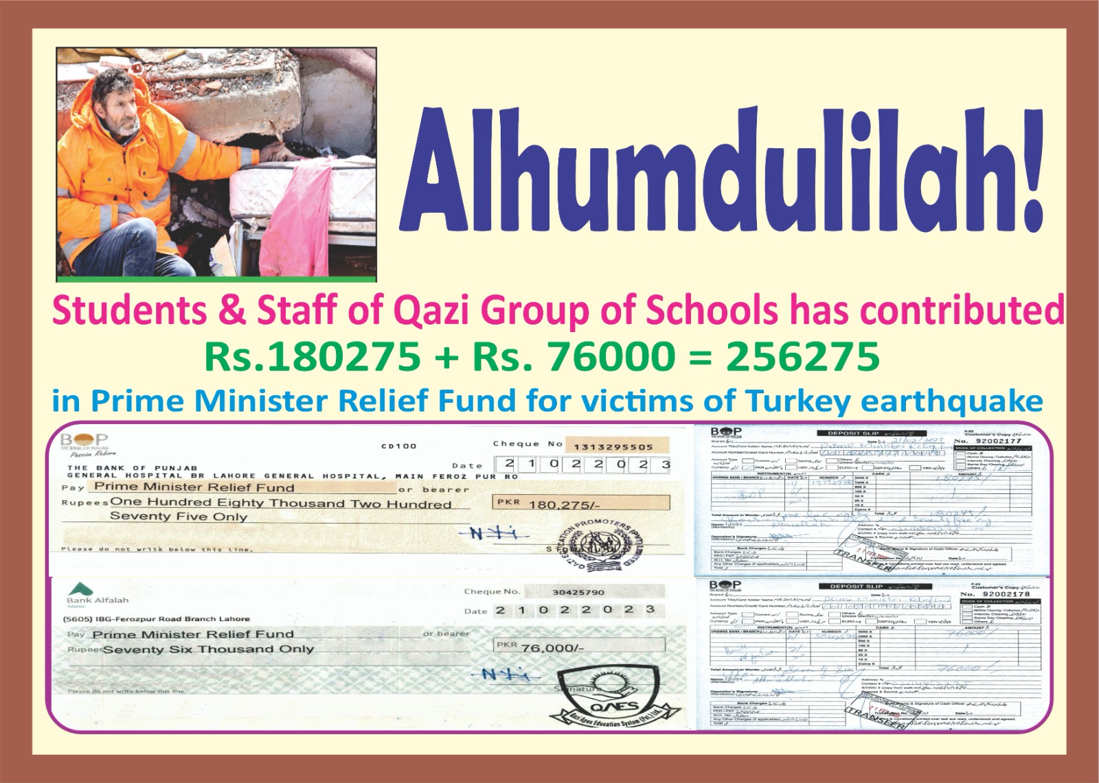 Qazi Group of Schools contributed Rs. 180275 for victims of Turkey Earthquake
